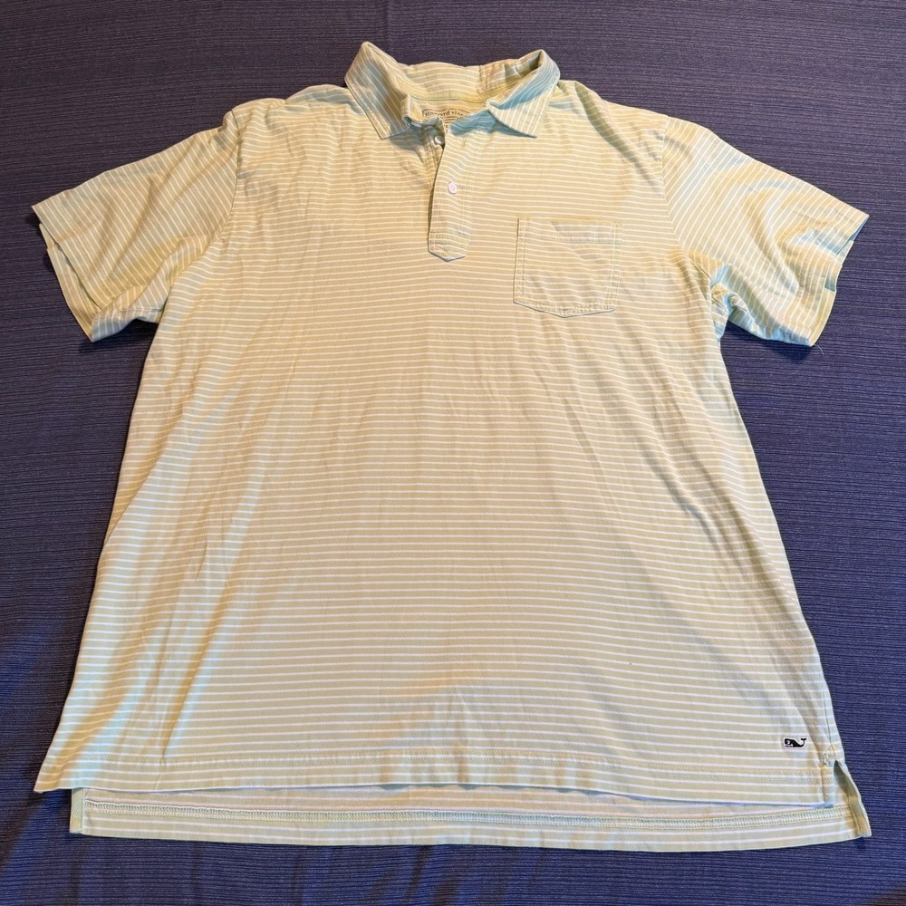 Vineyard Vines Mens XL Pima Cotton Striped Polo Shirt Lime Green White Short Slv